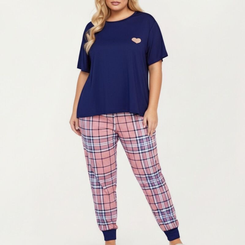 アンナカシ レディース アンダーお召しもの ナイト爵お召しもの ズボン下 編み物 Anna-Kaci Women\u0027 s 2-Piece Set Short Sleeve Knitop and Plaid Jogger Pajama Pants with Soft Stretch Fabric Navy 米国海軍