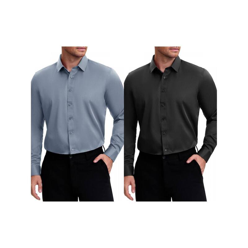 インスパイア シック レディース トップス Tシャツ ボタンダウン INSPIRE CHIC 2 Packs Men's Point Collar Long Sleeve Button Down Solid Color Formal Dresshirts Black Gray ブラック｜ReVida 店