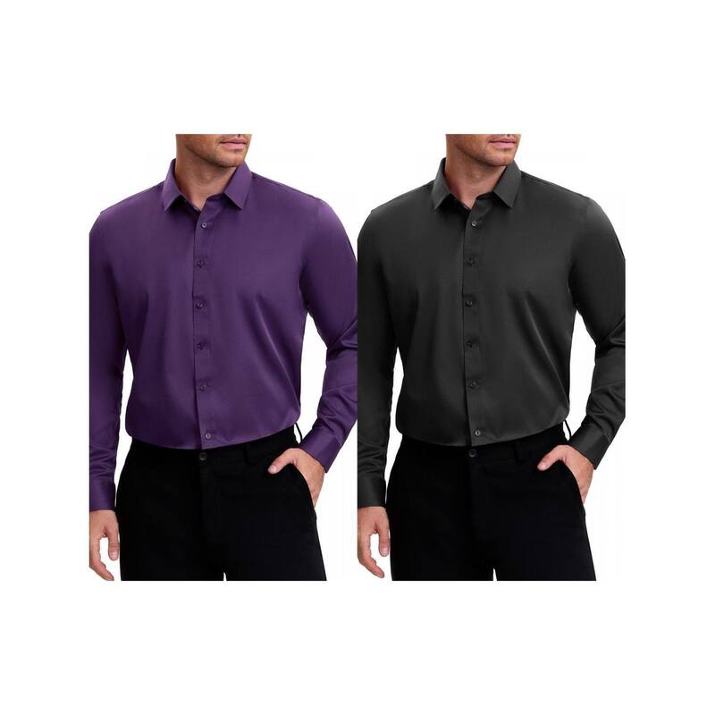 インスパイア シック レディース トップス Tシャツ ボタンダウン INSPIRE CHIC 2 Packs Men's Point Collar Long Sleeve Button Down Solid Color Formal Dresshirts Black Purple ブラック｜ReVida 店