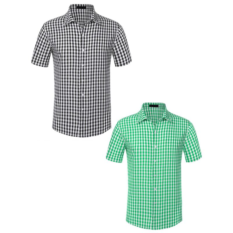 インスパイア シック レディース トップス Tシャツ INSPIRE CHIC 2 Packs Checked Shirts for Men'short Sleeves Button Formal Plaid Tartan Dresshirt Black Green ブラック｜ReVida 店