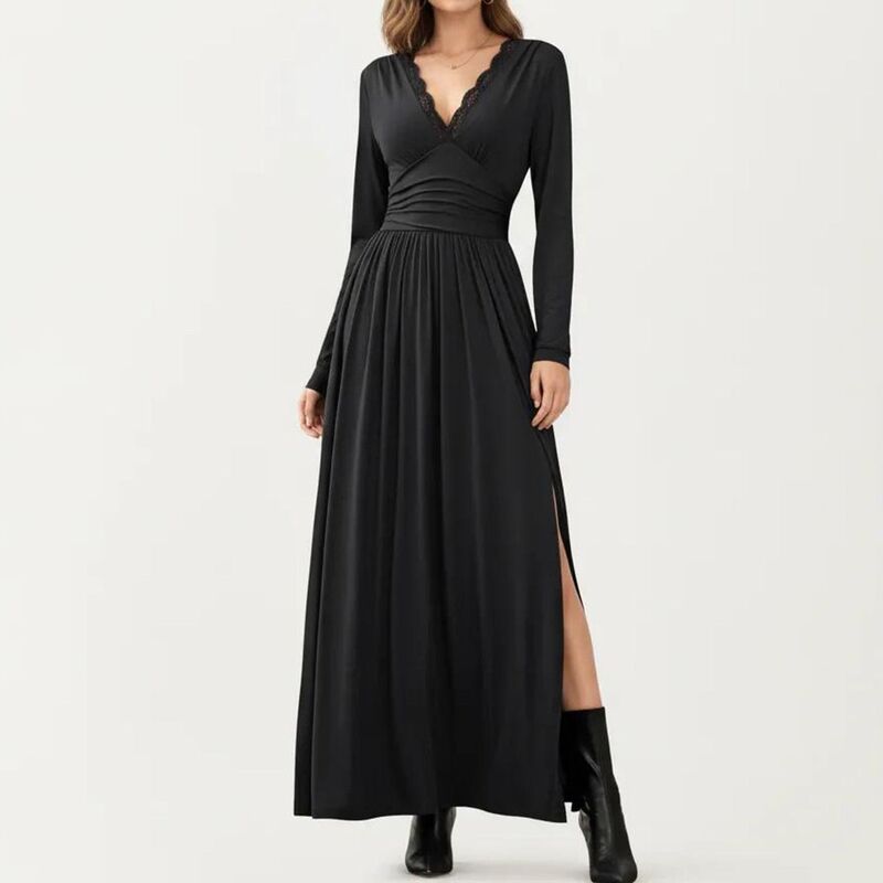 アンナカシ レディース トップス ワンピース サイドスリット Vネック レース マキシ Anna-Kaci Women &rsquo; s V-Neck Long Sleeve Maxi Dress with Lace Detail and Side Slit for Elegant Flowing Fit Black ブラック｜ReVida 店 11,985円