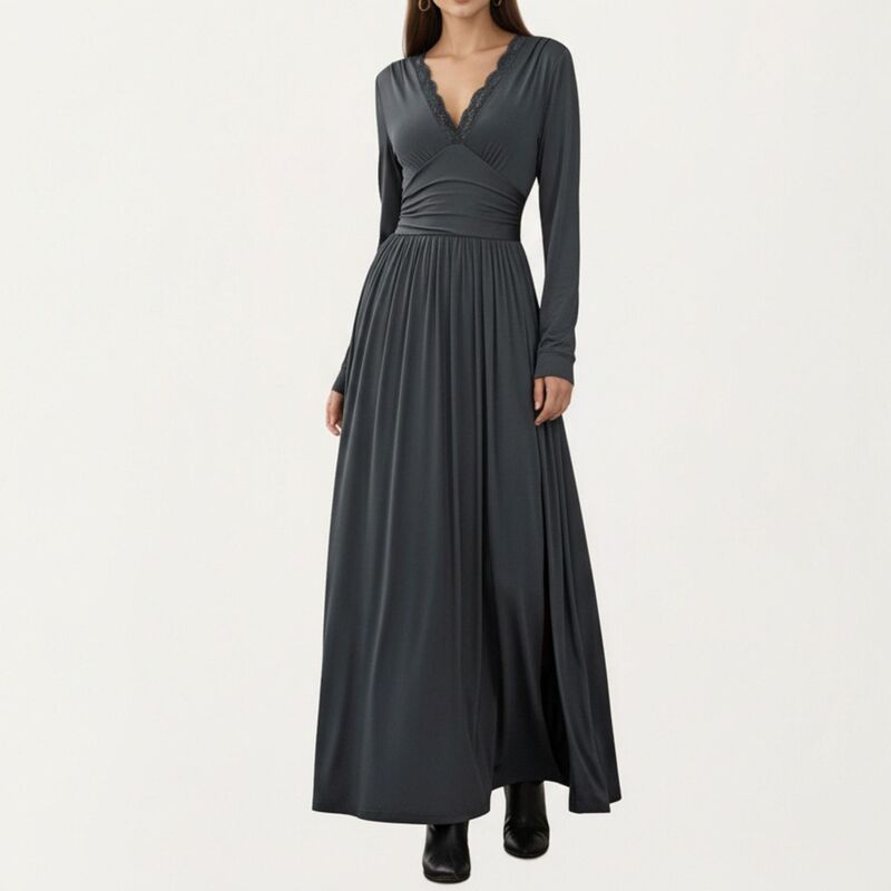 アンナカシ レディース トップス ワンピース サイドスリット Vネック レース マキシ Anna-Kaci Women &rsquo; s V-Neck Long Sleeve Maxi Dress with Lace Detail and Side Slit for Elegant Flowing Fit Gray グレー｜ReVida 店