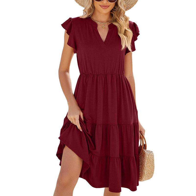 ジョイジョイ レディース トップス ワンピースリムフィット Vネック フリル JoyJoy Elegant Casual Dress V-Neck Ruffled Short Sleeve Slim Fit Versatile Commute Date Gown Claret|ReVida 店