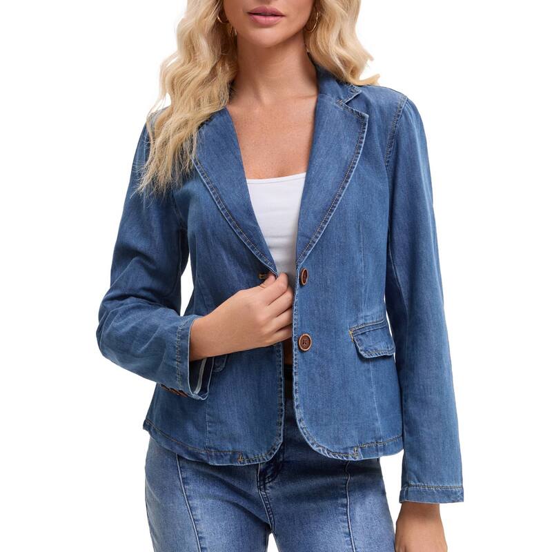 インスパイア 今めかしい レディース アウター 上衣・上衣 ジーンズ スポーツジャケット INSPIRE CHIC Women\u0027s Denim Jacket Notched Lapel Collar Long Sleeve Button Lightweight Fittedenim Blazer Blue 青色