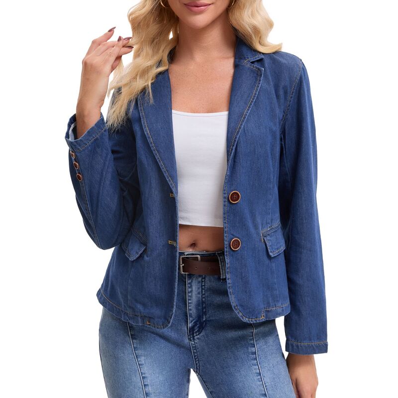 インスパイア 今めかしい レディース アウター 上衣・上衣 ジーンズ スポーツジャケット INSPIRE CHIC Women\u0027s Denim Jacket Notched Lapel Collar Long Sleeve Button Lightweight Fittedenim Blazer Dark Blue 青色