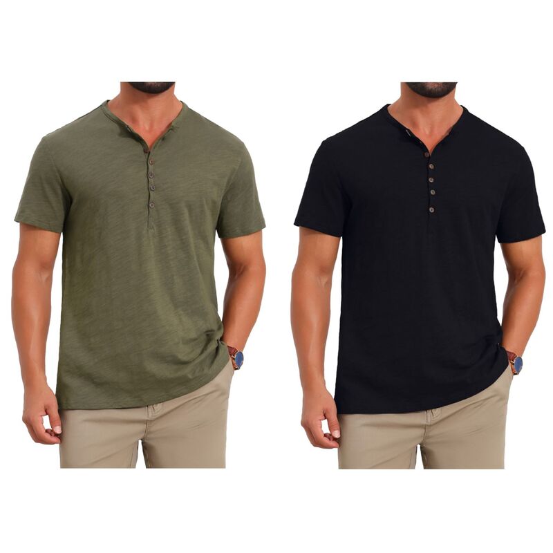 インスパイア シック レディース トップス Tシャツ ボタンダウン INSPIRE CHIC 2 Packs Men's Retro Henley Shirtexture Button Down Short Sleeve Outdoor T-Shirts Black Olive Green ブラック｜ReVida 店
