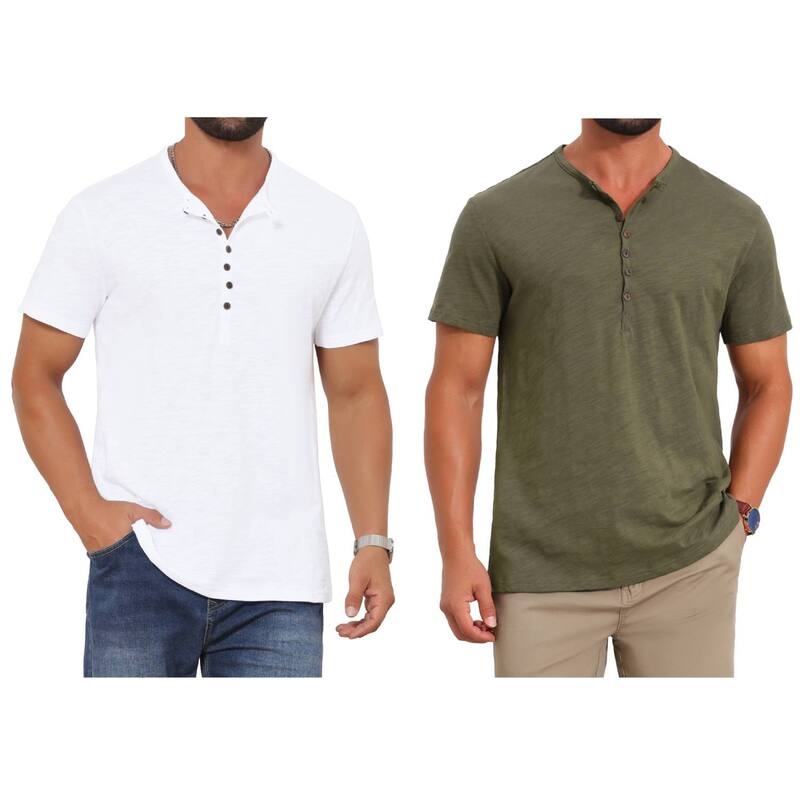 インスパイア シック レディース トップス Tシャツ ボタンダウン INSPIRE CHIC 2 Packs Men's Retro Henley Shirtexture Button Down Short Sleeve Outdoor T-Shirts Olive Green White ホワイト|ReVida 店