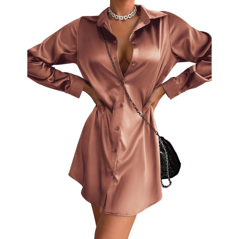 ジーグー レディース トップス ワンピース A ライン ミニ サテン シルク Zeagoo Women'satin Silk Button Up Long Sleeve Tie Waist A-Line Mini Shift Dress Brown ブラウン|ReVida 店