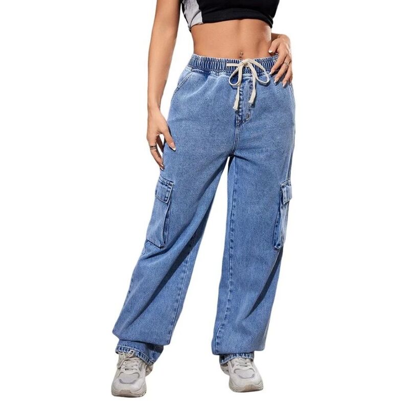 イエスファッション レディース ボトムス デニムパンツ ジーンズ Yesfashion Women's Cargo Jeans Elastic Waistretch Straight Denim Pants with Pockets Baggy Streetwear Pant Light Blue ブルー|ReVida 店