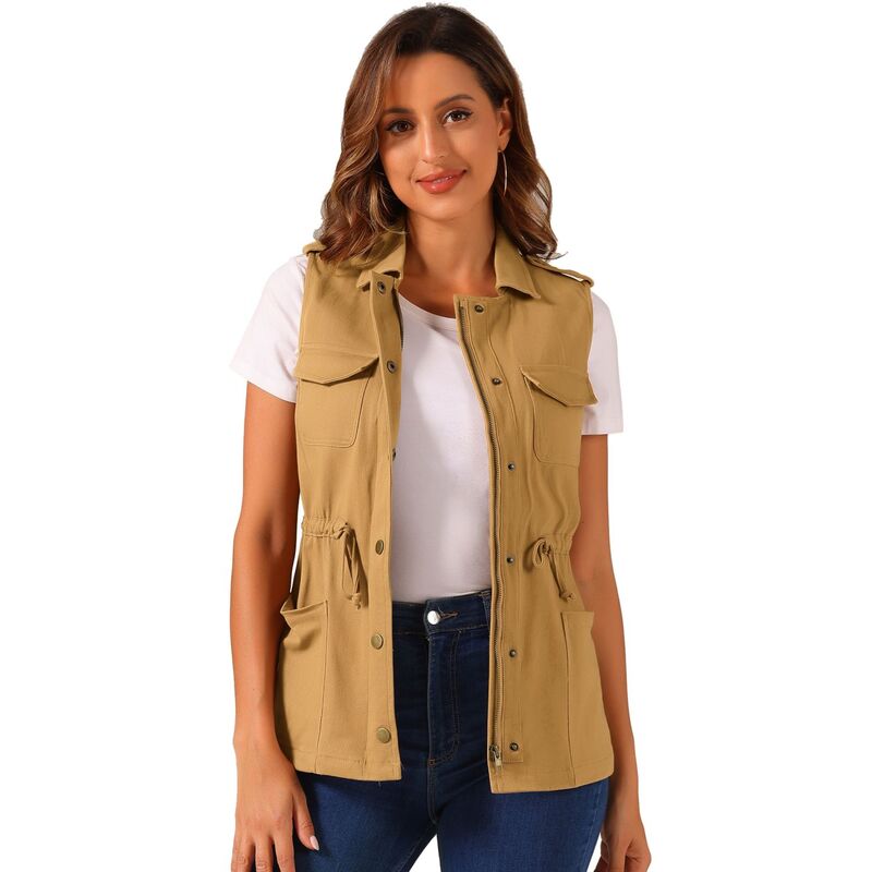 アレグラ ケー レディース アウター 上衣・上衣 ドローコードウエスト より良い ノースリーブ ALLEGRA K Women\u0027sleeveless Zip Up Drawstring Waist Cargo Vest Jacket Deep Khaki カーキ