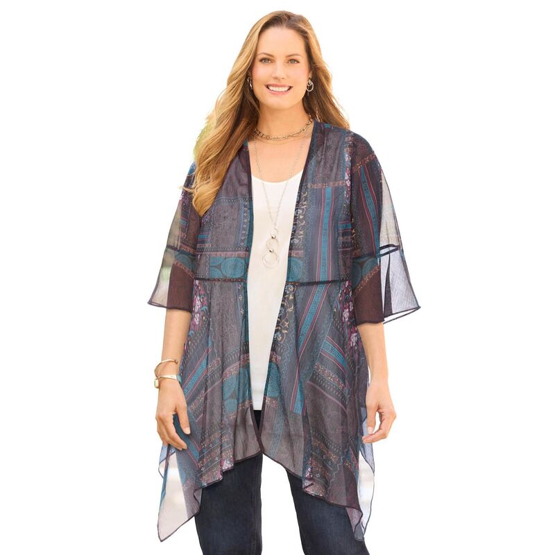 キャサリンズ レディース アウター ニット・セーター プラスサイズ Catherines Women's Plusize Seasonless Cascade wrap Teal Purple Patchwork ティール|ReVida 店