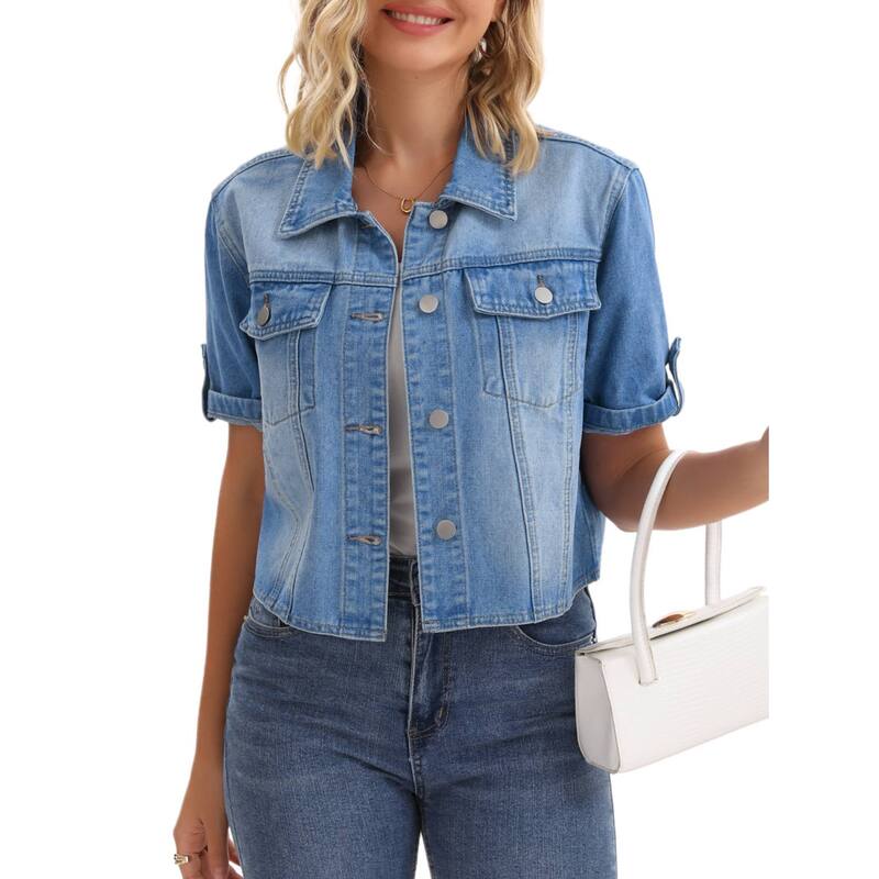 インスパイア 今めかしい レディース アウター 上衣・上衣 落ちこむ ジーンズ INSPIRE CHIC Women\u0027s Denim Jackets Casual Turndown Collar Short Sleeve Button Crop Jean Jacket Blue 青色