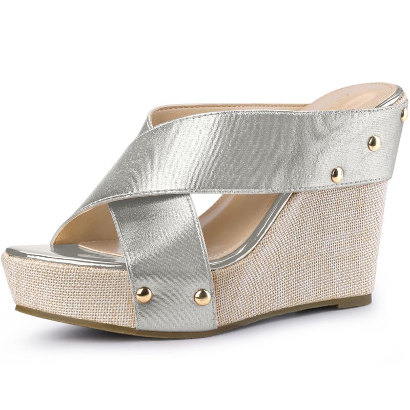 ブリスフルステップ レディース シューズ サンダル プラットホーム リネン BLISSFUL STEP Open Toe Platform Linen Slide Wedge Sandals for Women Silver しろがね色
