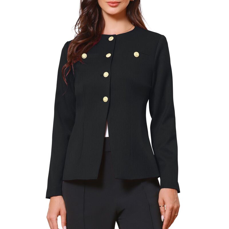 インスパイア 今めかしい レディース アウター 上衣・上衣 名取り草落ちこむ スポーツジャケット INSPIRE CHIC Elegant Work Blazer for Women\u0027s Collarless Button Down Long Sleeve Peplum Jackets Black 黒いこと
