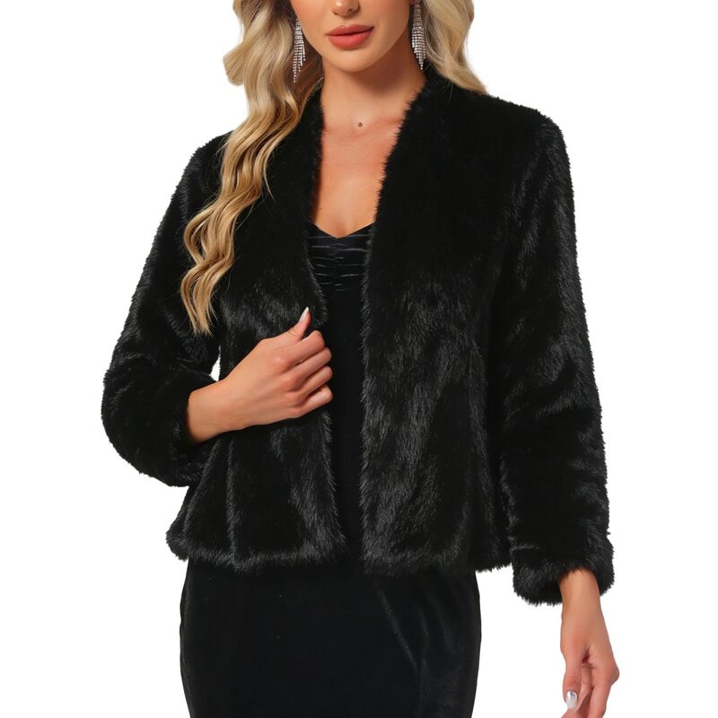 インスパイア 今めかしい レディース アウター 上衣・上衣 厚地の外套 クロップド INSPIRE CHIC Faux Fur Cropped Jacket for Womens Casualong Sleeve Winter Coat Shaggy Warm Outerwear Black 黒いこと