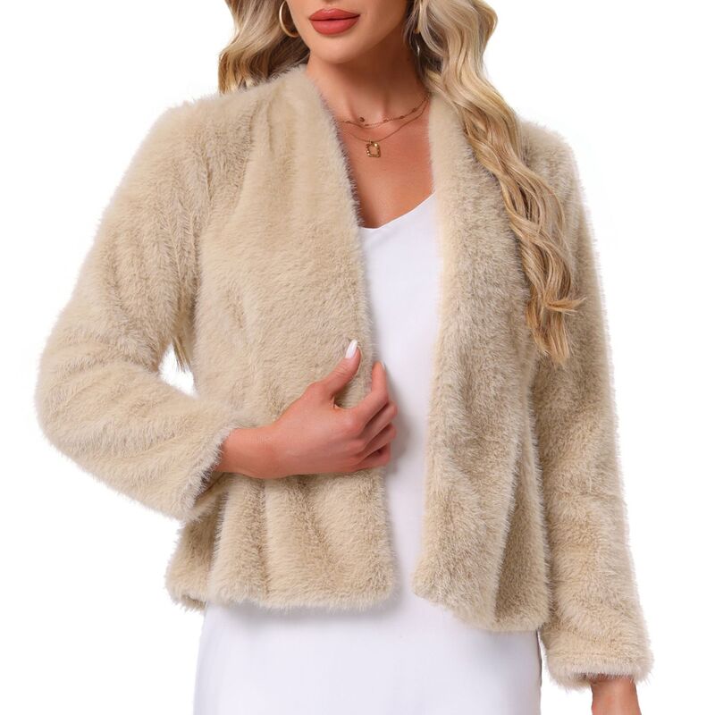 インスパイア 今めかしい レディース アウター 上衣・上衣 厚地の外套 クロップド INSPIRE CHIC Faux Fur Cropped Jacket for Womens Casualong Sleeve Winter Coat Shaggy Warm Outerwear Champagne Gold ゴールド