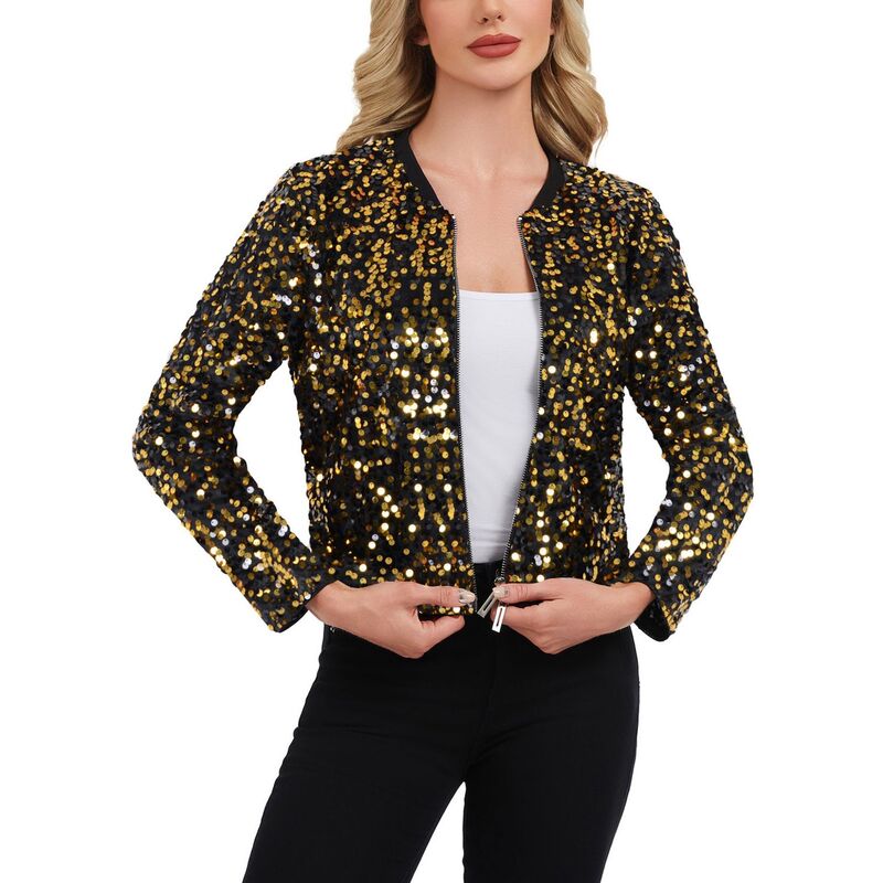 アンナカシ レディース アウター 上衣・上衣 肋材 スパンコール Anna-Kaci Women\u0027sequin Bomber Jacket with Zipper Front and Ribbed Trim Black Gold 黒いこと