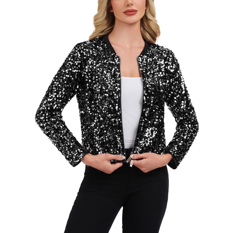 アンナカシ レディース アウター 上衣・上衣 肋材 スパンコール Anna-Kaci Women\u0027sequin Bomber Jacket with Zipper Front and Ribbed Trim Black Sliver 黒いこと