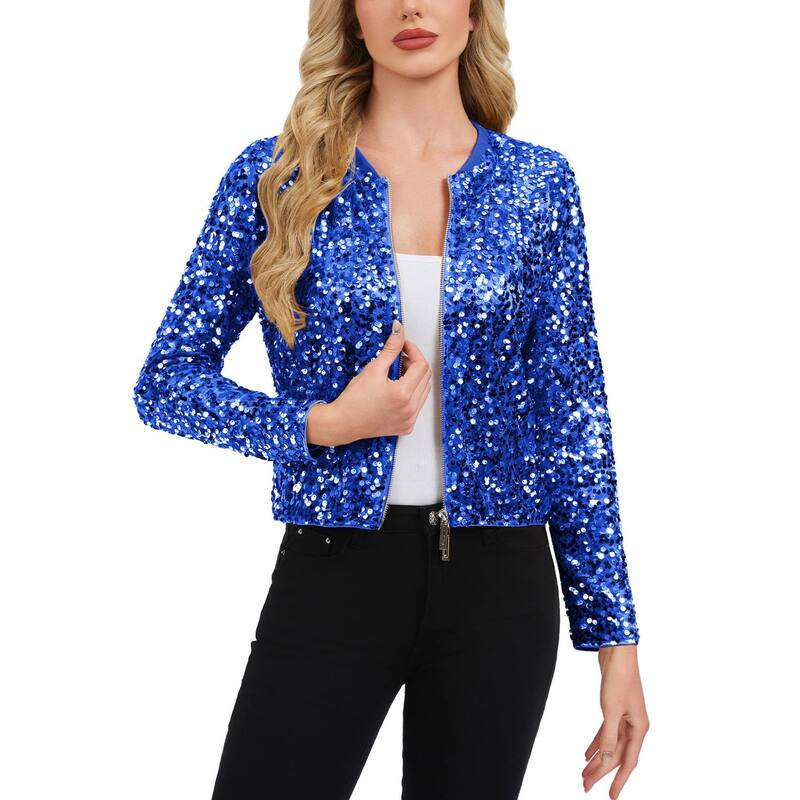 アンナカシ レディース アウター 上衣・上衣 肋材 スパンコール Anna-Kaci Women\u0027sequin Bomber Jacket with Zipper Front and Ribbed Trim Blue 青色