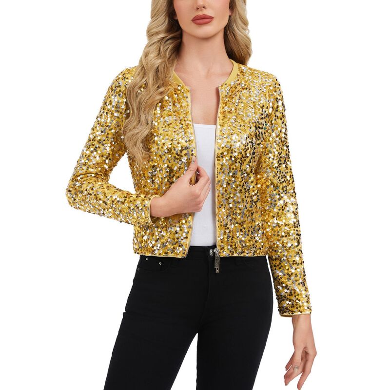 アンナカシ レディース アウター 上衣・上衣 肋材 スパンコール Anna-Kaci Women\u0027sequin Bomber Jacket with Zipper Front and Ribbed Trim Gold ゴールド