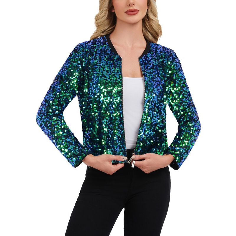 アンナカシ レディース アウター 上衣・上衣 肋材 スパンコール Anna-Kaci Women\u0027sequin Bomber Jacket with Zipper Front and Ribbed Trim Green 緑であること