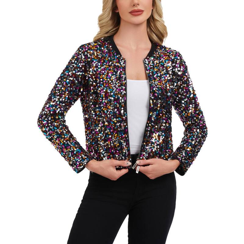 アンナカシ レディース アウター 上衣・上衣 肋材 スパンコール Anna-Kaci Women\u0027sequin Bomber Jacket with Zipper Front and Ribbed Trimulticolor マルチ色合い