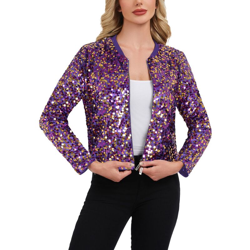 アンナカシ レディース アウター 上衣・上衣 肋材 スパンコール Anna-Kaci Women\u0027sequin Bomber Jacket with Zipper Front and Ribbed Trim Purple パープル