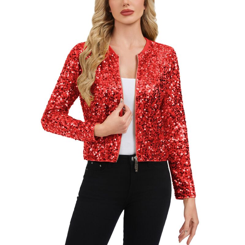 アンナカシ レディース アウター 上衣・上衣 肋材 スパンコール Anna-Kaci Women\u0027sequin Bomber Jacket with Zipper Front and Ribbed Trim Red 赤いこと