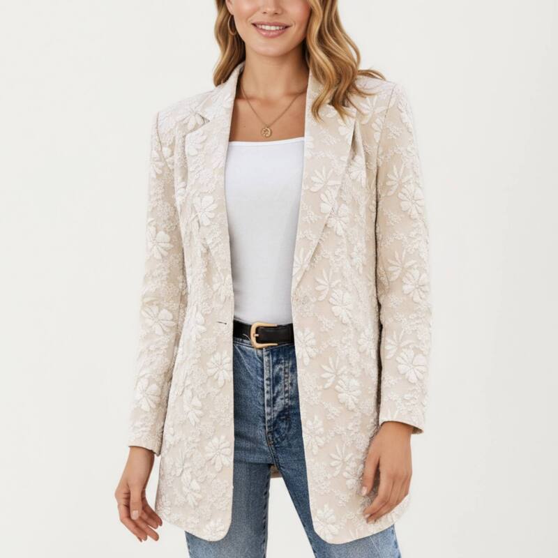 アンナカシ レディース アウター 上衣・上衣 御花柄 スポーツジャケット 御花 Anna-Kaci Women\u0027s Floral Textured Longline Blazer with Notched Lapel and Open Front Light Beige ベージュ