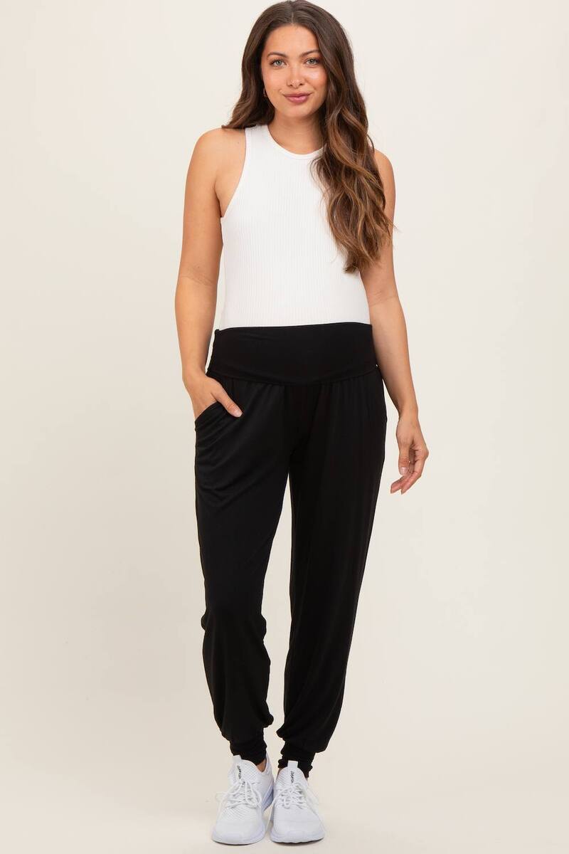 サクラ色毛はらい レディース ボトムス 心地好いズボン下 編み物 ジョガーパンツ マタニティ PinkBlush Maternity Soft Knit Maternity Joggers Black 黒いこと
