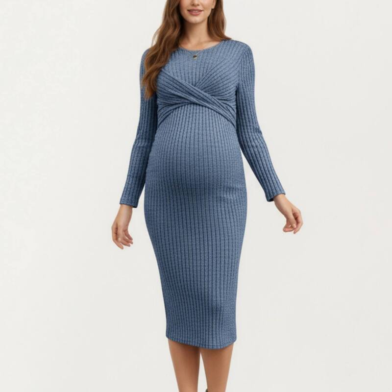 アンナカシ レディース トップス ワンピース リブ ニット マタニティ Anna-Kaci Women's Ribbed Knit Maternity Dress with Long Sleeves and Frontwist Detail Blue ブルー|ReVida 店
