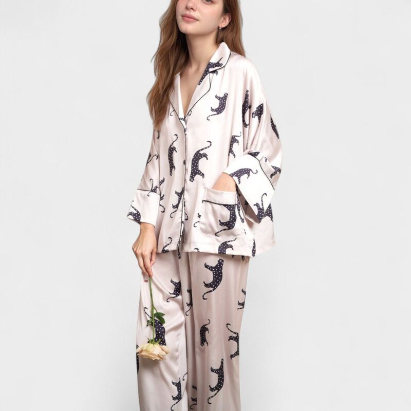 アンナカシ レディース アンダーお召しもの ナイト爵お召しもの 刷り上げる ズボン下 繻子 Anna-Kaci Womens\u0027s Cat Print Satin Pajama Set Long Sleeve Button-Up Top with Elastic Waist Full-Length Pants Gray 薄墨色