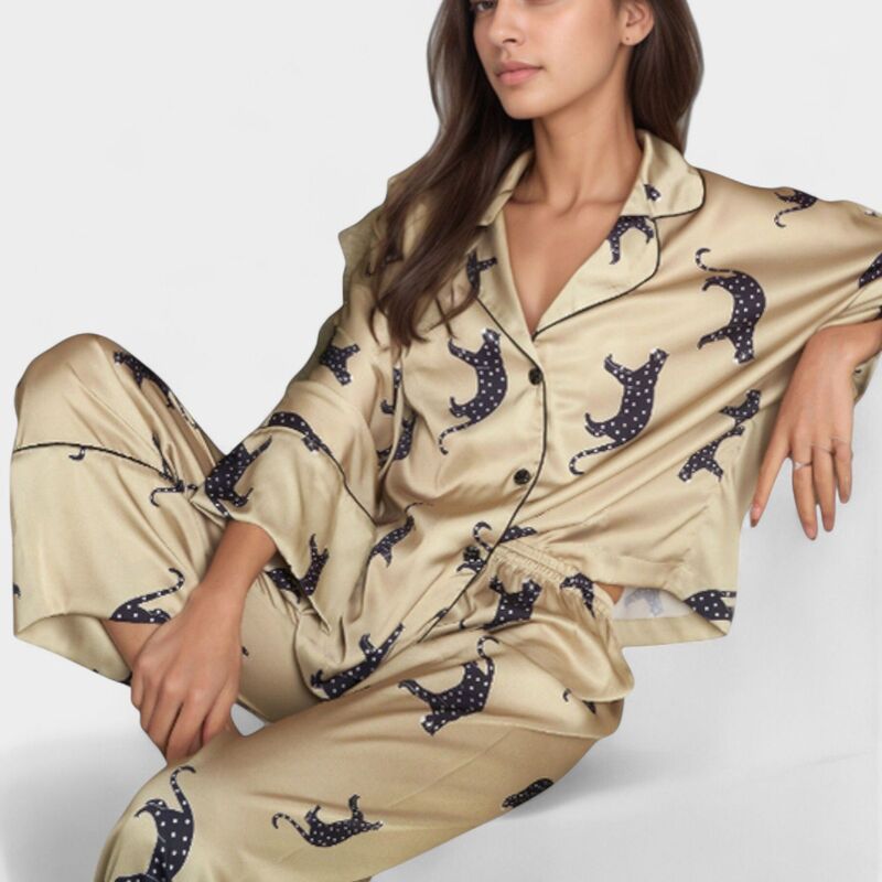 アンナカシ レディース アンダーお召しもの ナイト爵お召しもの 刷り上げる ズボン下 繻子 Anna-Kaci Womens\u0027s Cat Print Satin Pajama Set Long Sleeve Button-Up Top with Elastic Waist Full-Length Pants Green 緑であること
