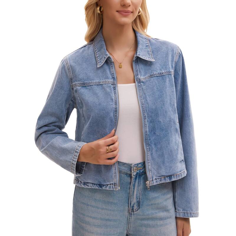 インスパイア 今めかしい レディース アウター 上衣・上衣 ジーンズ INSPIRE CHIC Women\u0027s Jean Jacket Long Sleeve Zip Up Collar Pockets Lightweight Denim Bomber Jackets Light Blue 青色