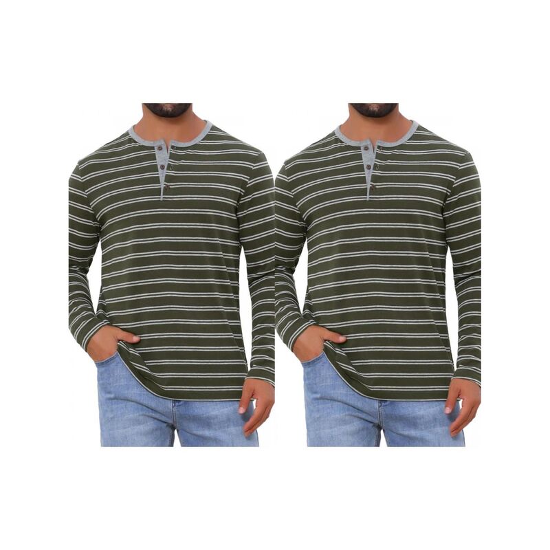 インスパイア シック レディース トップス Tシャツ コントラスト INSPIRE CHIC 2 Packs Men's Casualong Sleeve Contrasting Colorstriped Henley T-Shirts Dark Green グリーン｜ReVida 店