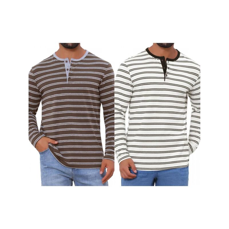 インスパイア シック レディース トップス Tシャツ コントラスト INSPIRE CHIC 2 Packs Men's Casualong Sleeve Tops Contrasting Colorstriped Henley T-Shirts Dark Brown White ホワイト｜ReVida 店 13,306円