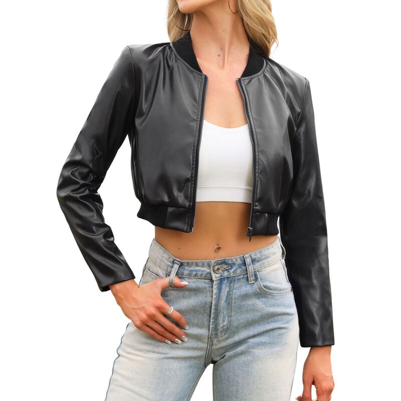 インスパイア 今めかしい レディース アウター 上衣・上衣 クロップド なめし革 フェイクレザー INSPIRE CHIC Women\u0027s Bomber Jacket Cropped Faux Leather Jackets Casual Zip UpU Moto Bike Outwear Black 黒いこと