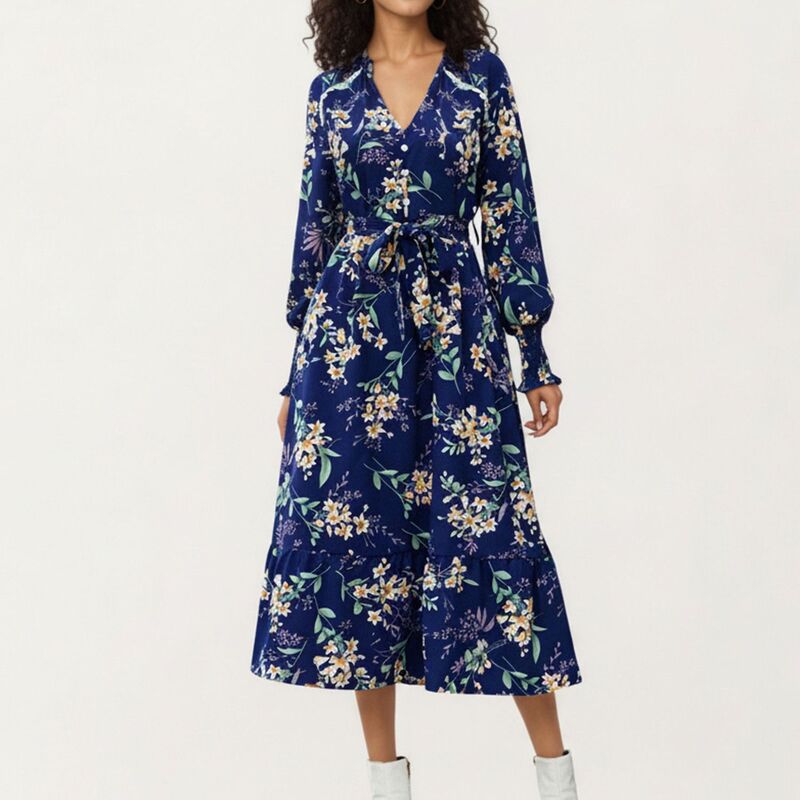 アンナカシ レディース トップス ワンピース フラワー柄 プリント フラワー Anna-Kaci Women &rsquo; s Floral Print Dress with V-Neckline Long Sleeves and Waistie Navy ネイビー｜ReVida 店