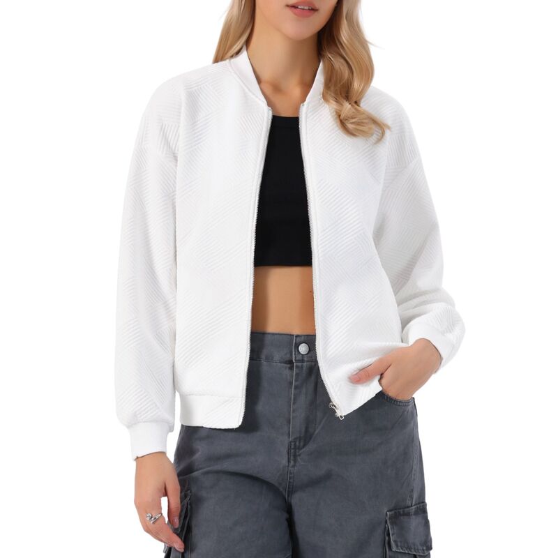 インスパイア 今めかしい レディース アウター 上衣・上衣 労働者の一団のど首 INSPIRE CHICasual Jacket for Women Textured Crew Neck Solid Color Long Sleeve Bomber Jackets White 白いこと