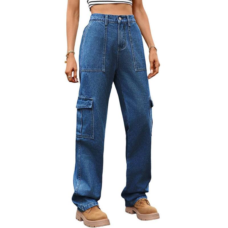 ジョイジョイ レディース ボトムス 心地好いズボン下 デニム ご機嫌酉の方角 JoyJoy Women\u0027s Fashion Half Elastic Waist Jeans Casual High-Waisted Cargo Style Loose Straight-Leg Pants Dark Blue 青み