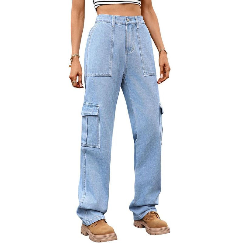 ジョイジョイ レディース ボトムス 心地好いズボン下 デニム ご機嫌酉の方角 JoyJoy Women\u0027s Fashion Half Elastic Waist Jeans Casual High-Waisted Cargo Style Loose Straight-Leg Pants Denim Blue ジーンズ