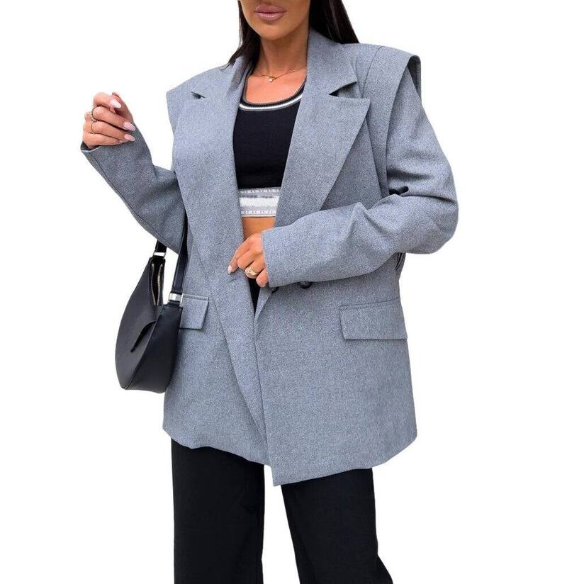 エリート肝ったま レディース アウター 上衣・上衣 スポーツジャケット EliteSpirit Women\u0027s Oversized Gray Padded Shoulder Blazer - Open Front Longline Jacket for Office and Casual Grey 薄墨色