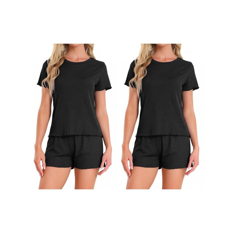 インスパイア 今めかしい レディース アンダーお召しもの ナイト爵お召しもの 労働者の一団のど首 フラウンス 遊撃手ズボン下 INSPIRE CHIC 2 Sets Women\u0027s Pajama Set Soft Short Sleeve Shortset Crewneck Ruffle Lounge Set with Pocket Black 黒いこと