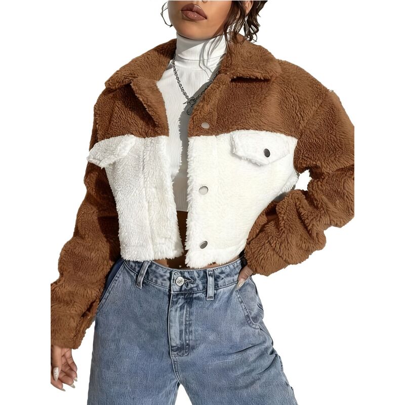エリート肝ったま レディース アウター 上衣・上衣 厚地の外套 クロップド EliteSpirit Women\u0027s Cropped Color Block Faux Fur Jacket - Collared Button Coat for Casual Winter Brown 赤銅色