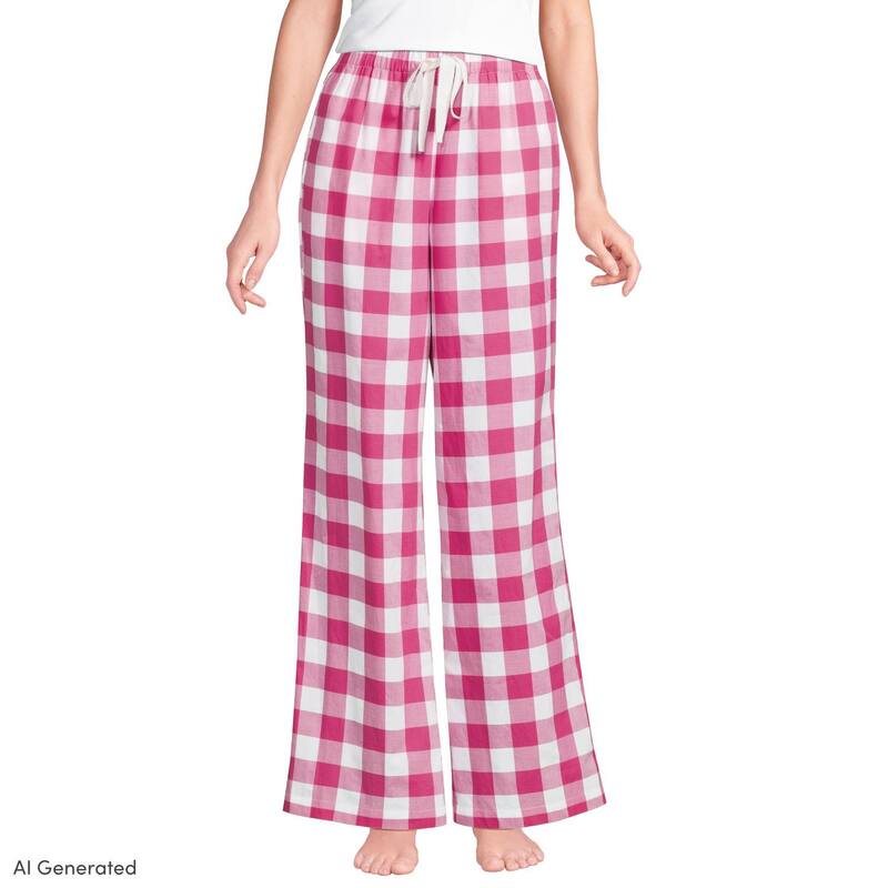 ランズ挙げ句の果て レディース アンダーお召しもの ナイト爵お召しもの ワイドレッグ ズボン下 Women\u0027s Lands\u0027 End Poplin Wide Leg Pajama Pants Hot Pink Gingham サクラ色