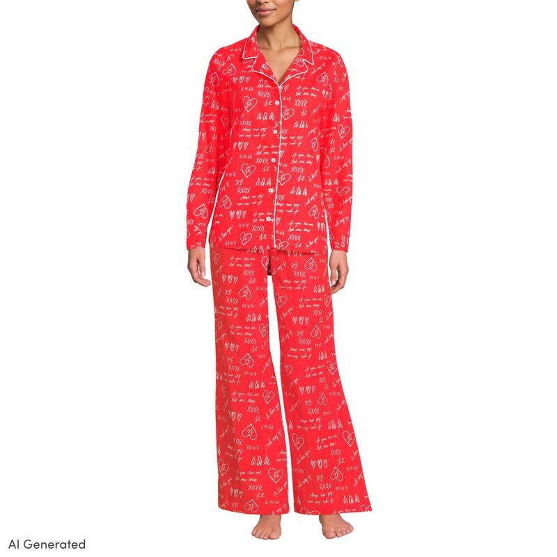 ランズ挙げ句の果て レディース アンダーお召しもの ナイト爵お召しもの Women\u0027s Lands\u0027 End Long Sleeve Button Front Pajama Top Hearts Le Red 赤いこと