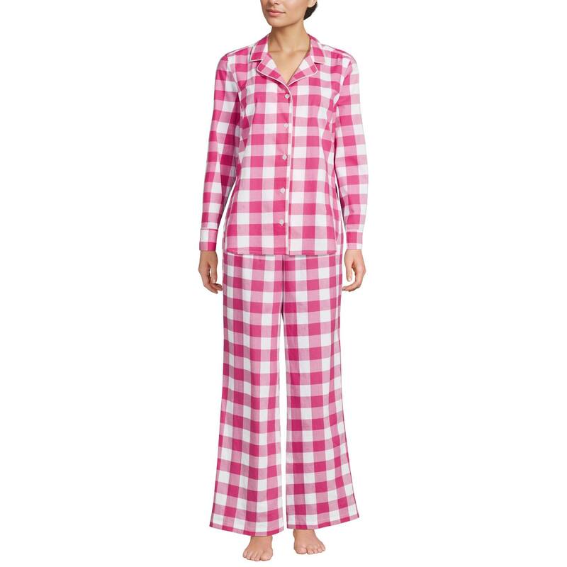 ランズ挙げ句の果て レディース アンダーお召しもの ナイト爵お召しもの Women\u0027s Lands\u0027 End Long Sleeve Button Front Pajama Top Hot Pink Gingham サクラ色