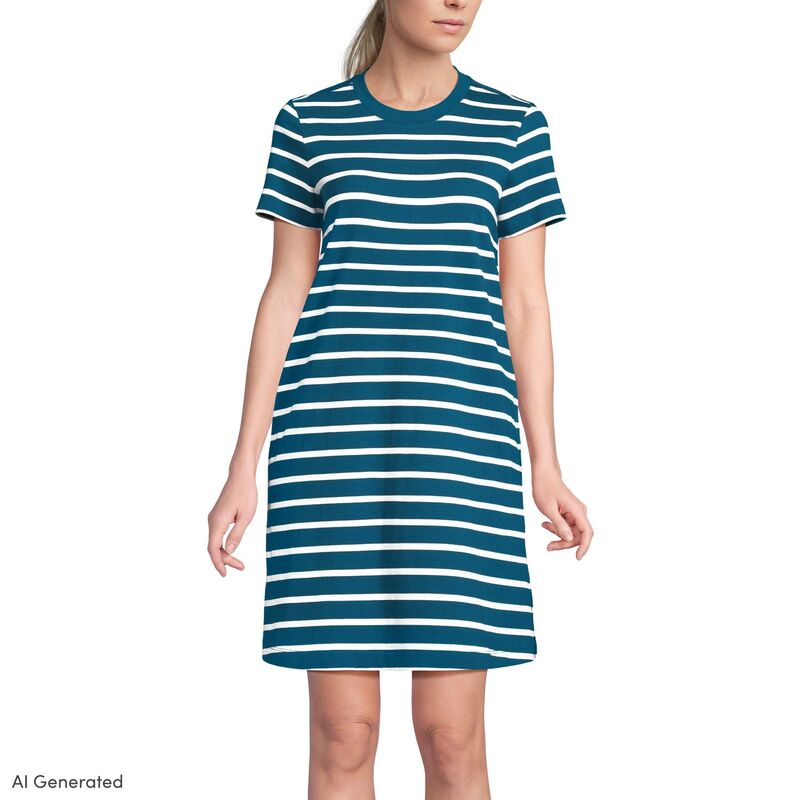 ランズエンド レディース トップス ワンピース ノースリーブ Women\'s Lands\' End Sleeveless Eyelet Shift Dress Above the Knee Baltic Teal Stripe ティール｜ReVida 店