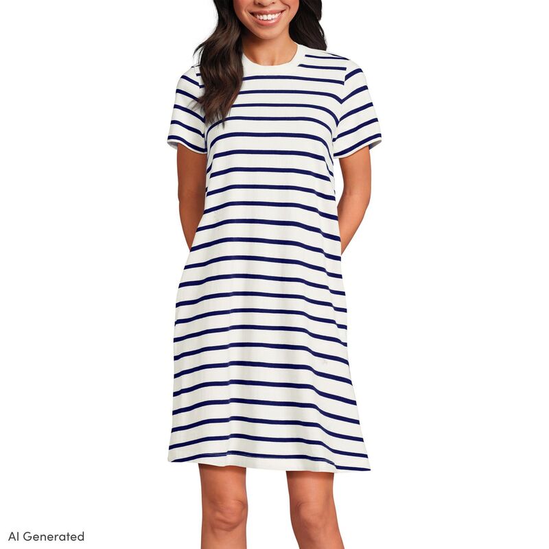 ランズエンド レディース トップス ワンピース ノースリーブ Women\'s Lands\' End Sleeveless Eyelet Shift Dress Above the Knee Ivory Sea Stripe アイボリー｜ReVida 店