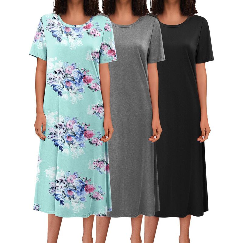 エコアー レディース アンダーお召しもの ナイト爵お召しもの プルオーバー Ekouaer 3 Pc Long Nightgowns for Women Fullength Short Sleeve Nightshirt Soft Casualoungwear Black Grey Blue Flower 黒いこと